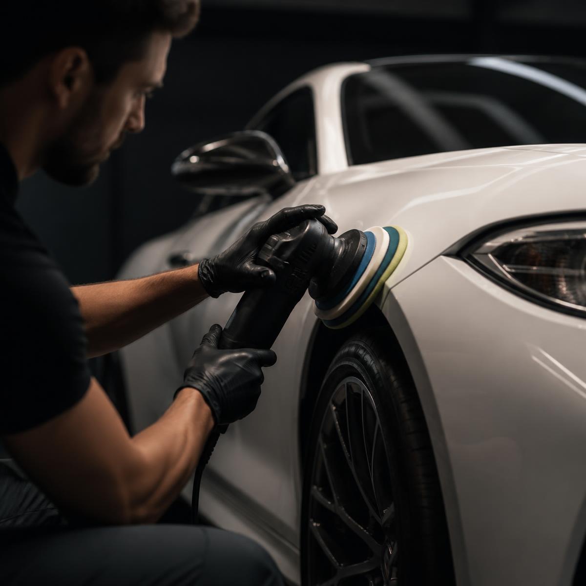 Technician machine-polishing the fender of a white luxury coupe