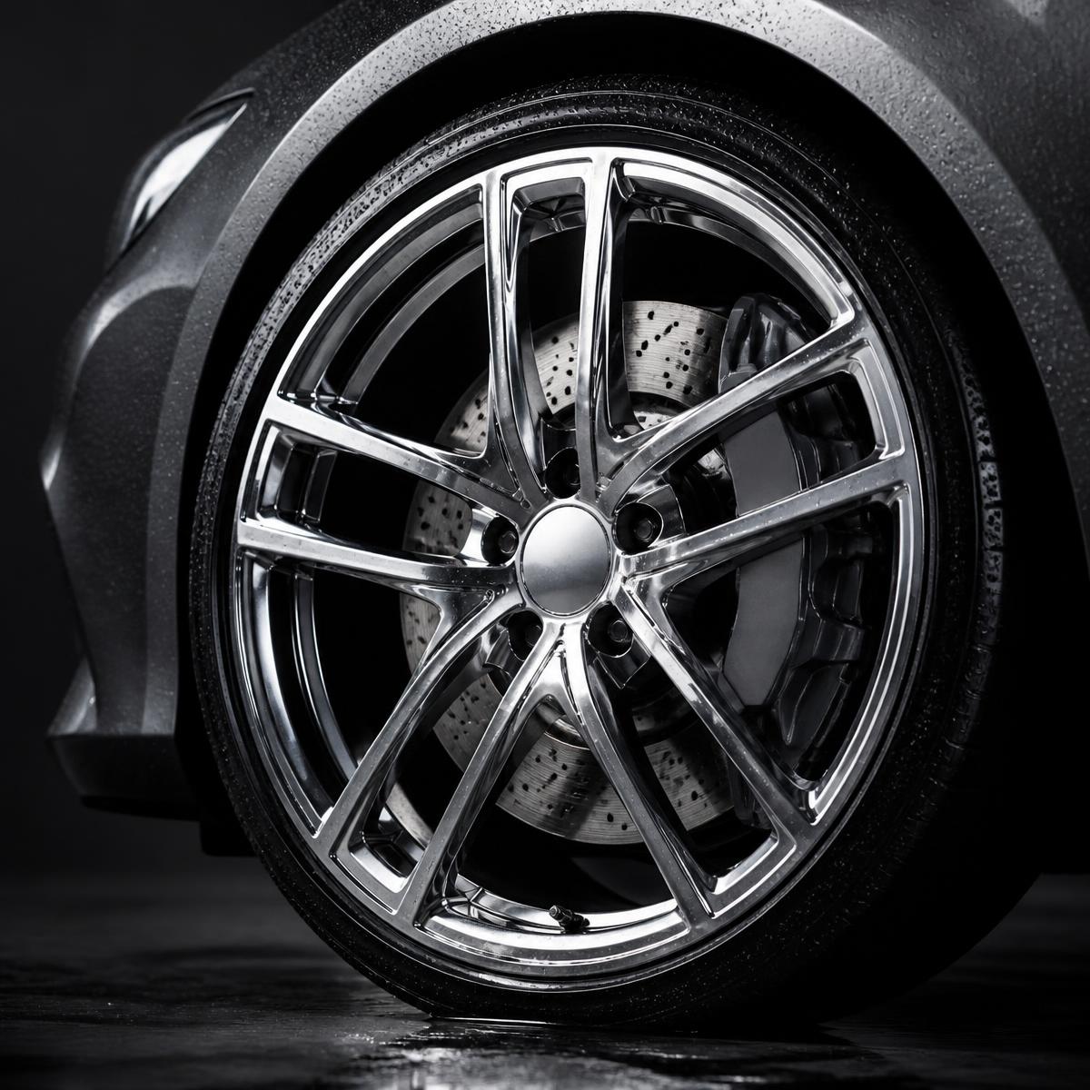 Polished chrome alloy wheel with water beading