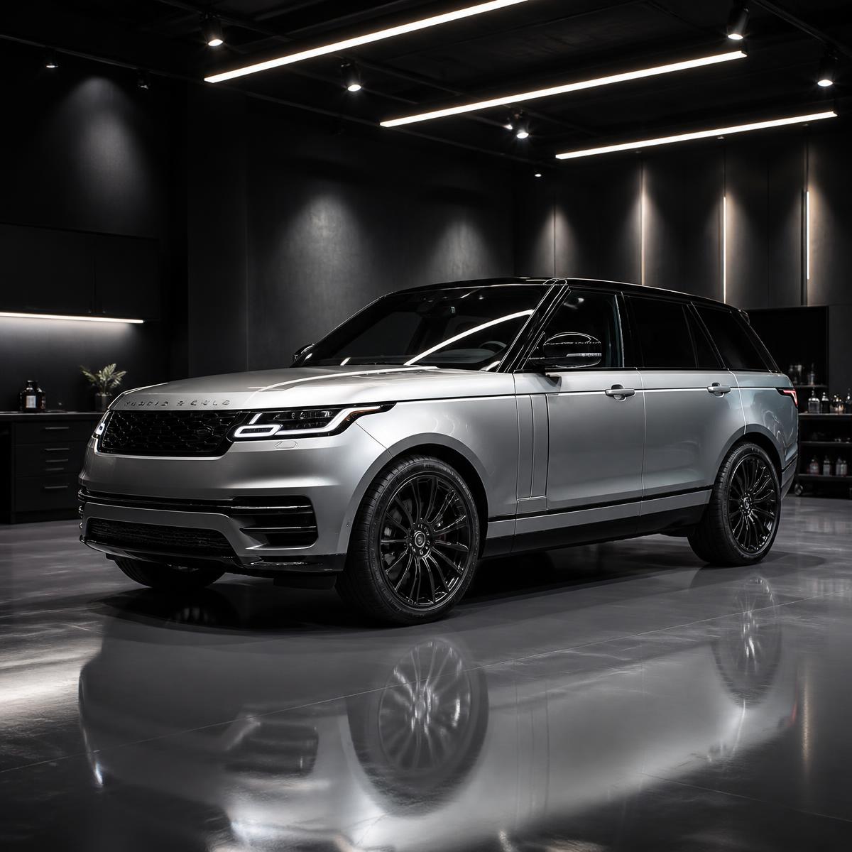 Silver luxury SUV in Apex's dark detailing studio